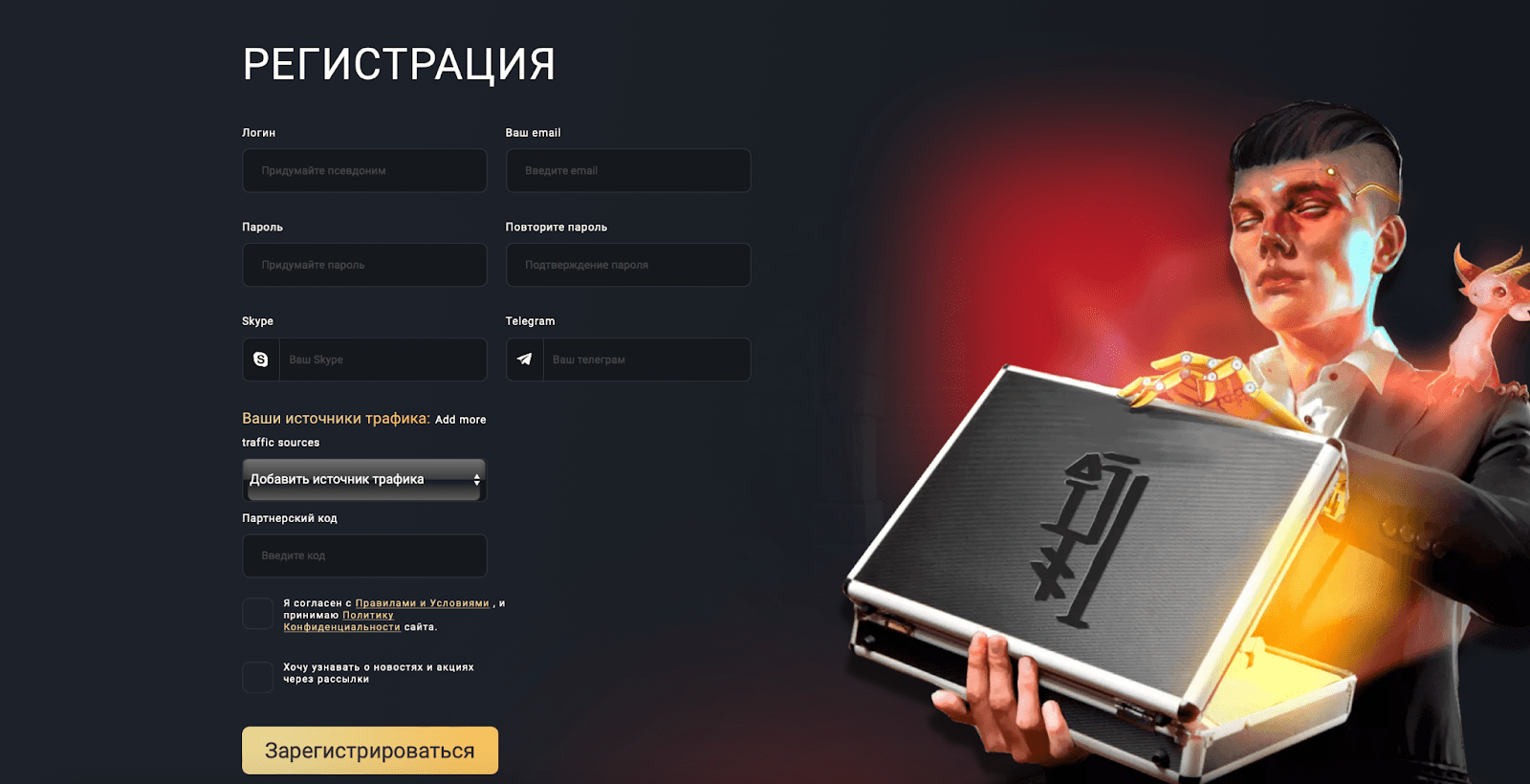 Форма регистрации Gambling Craft