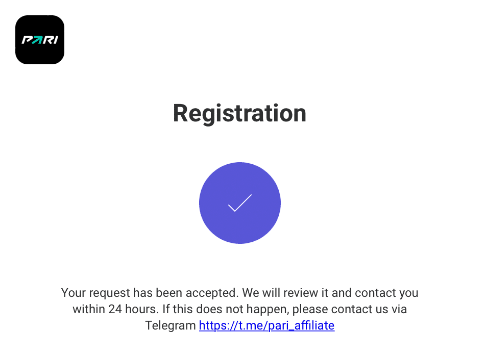 Уведомление об успешной регистрации PARI Affiliates