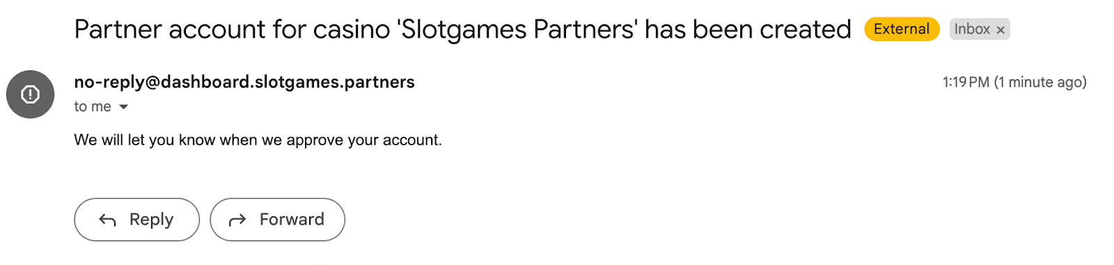 Письмо на почте SlotGames Partners